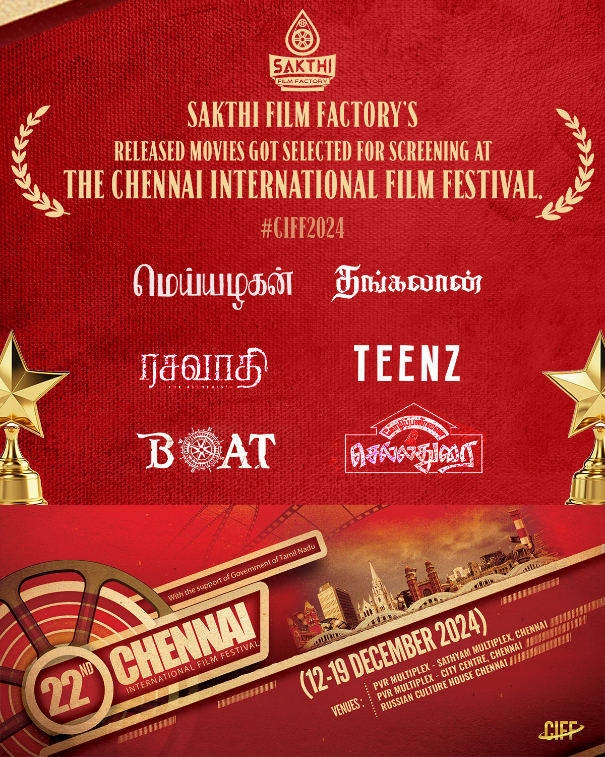 சென்னை சர்வதேச திரைப்பட விழாவில் சக்திவேலன் விநியோகித்த 6 ஹிட் படங்கள்